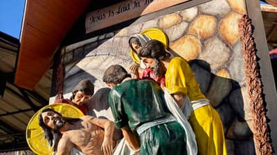 A SCULPTURAL depiction of the 13th Station of the Cross, Jesus is taken down from the cross.