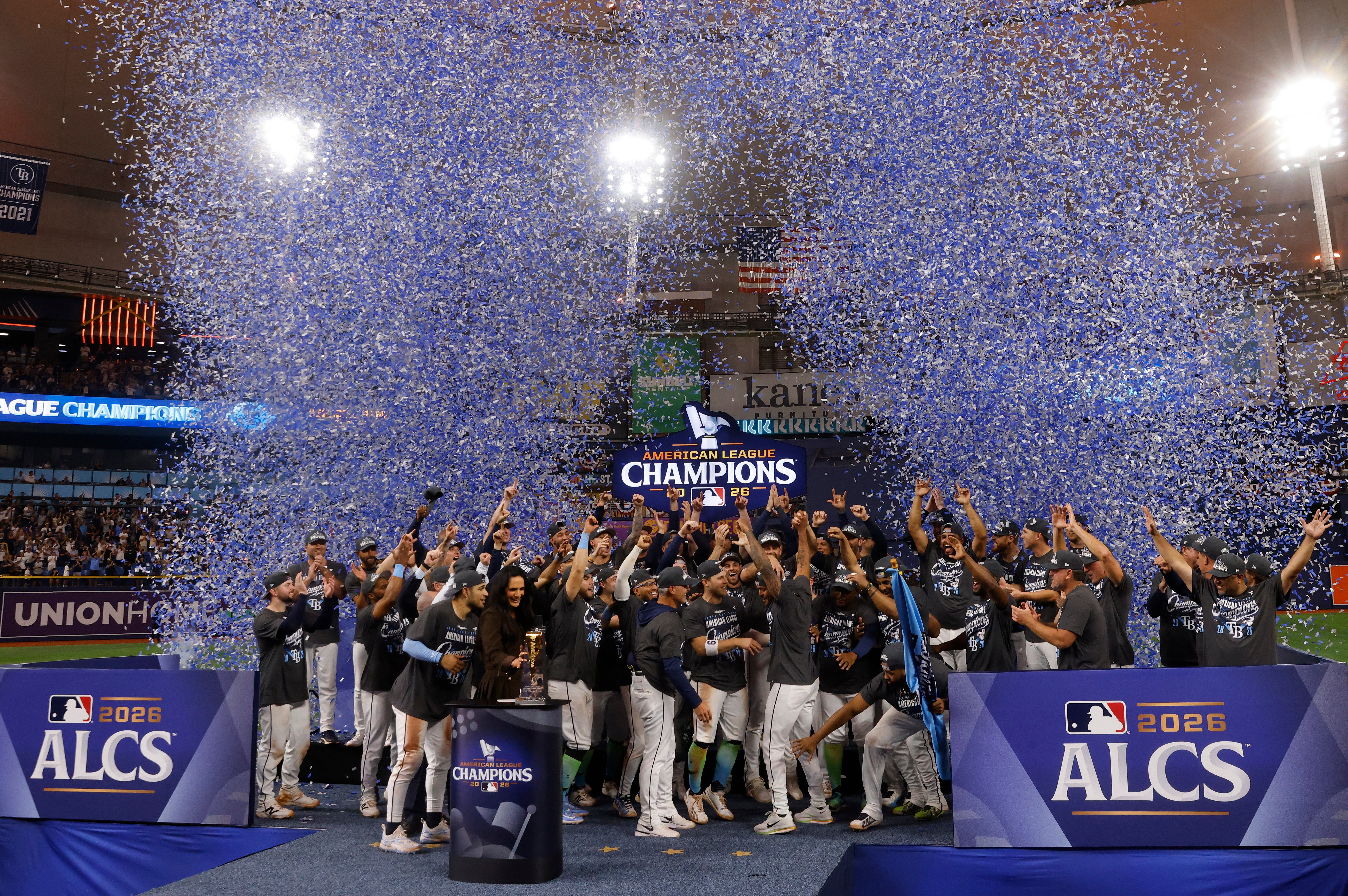 THE Tampa Bay Rays celebrate after beating the Cleveland Guardians, 7-3, in the American League Championship Series to make a return to the World Series for the first time since 2020.