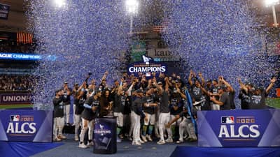 THE Tampa Bay Rays celebrate after beating the Cleveland Guardians, 7-3, in the American League Championship Series to make a return to the World Series for the first time since 2020.