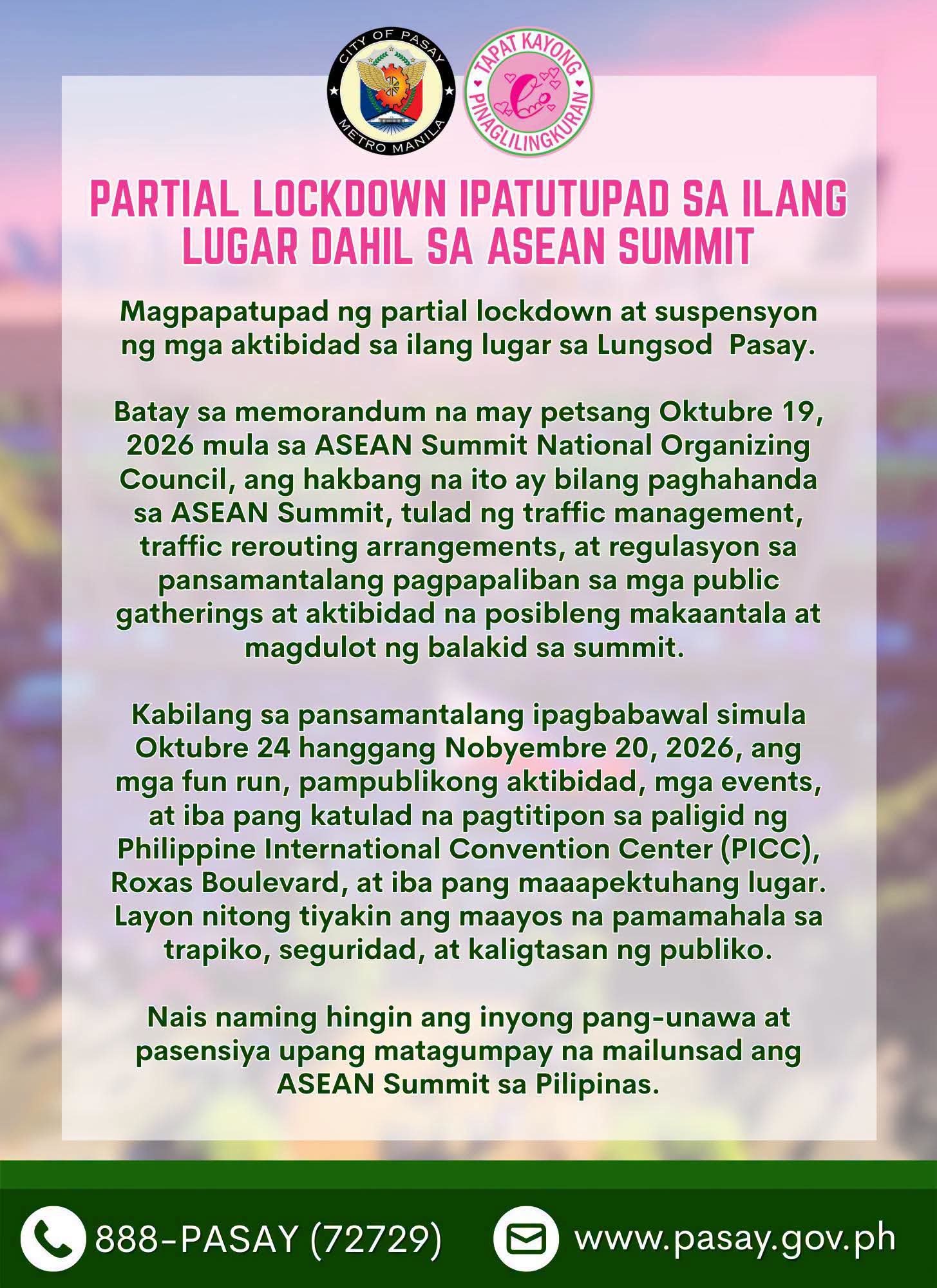 Pasay to impose partial lockdown, suspend public activities for ASEAN Summit
