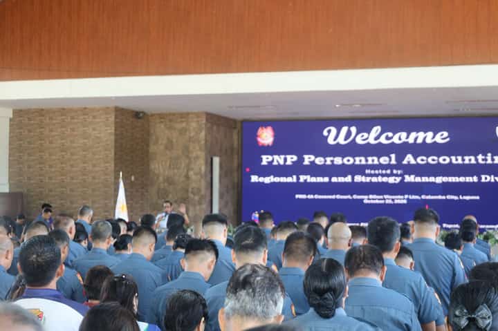 Police Regional Office 4A personnel attend the PNP Personnel Accounting activity at Camp BGen. Vicente P. Lim in Calamba City, Laguna, on 22 October 2026, where accountability, basic police work and commitment to duty were emphasized.