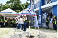 Police and local government officials wearing hard hats participate in the groundbreaking ceremony for the ₱11.7-million Romblon Police Provincial Office multipurpose building in Barangay Capaclan, Romblon, on October 23, 2026.
