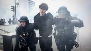 FRENCH Gendarmes detain a protester during a demonstration in favor of purchasing power, the protection of public services, and fiscal and social justice, in Paris on 24 October 2026.