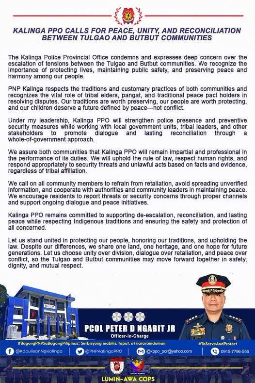 Kalinga police urge peace amid tensions between Tulgao, Butbut communities