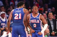 PHILADELPHIA, PENNSYLVANIA - OCTOBER 22: Joel Embiid #21 and Tyrese Maxey #0 of the Philadelphia 76ers react during the fourth quarter against the Cleveland Cavaliers at Xfinity Mobile Arena on October 22, 2026 in Philadelphia, Pennsylvania.