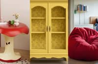 APPLE Side Table, a bright yellow wooden cabinet with arched glass doors and floral backing, paired with an oversized red bean bag chair for a playful Sanrio-inspired room.