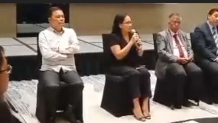Police Lt. Col. Milany E. Martinez (second from left), chief of the PRO 4A Regional Public Information Office, speaks during the open forum of the NAPOLCOM Calabarzon Media Forum and Fellowship Night at Seda Nuvali in Santa Rosa City, Laguna, on 27 October 2026. With her are NAPOLCOM Commissioner Alvin S. Mojica (left), NAPOLCOM Calabarzon Regional Director Atty. Owen G. de Luna (second from right), and Camp Vicente Lim Press Corps President Daniel Castro (right).