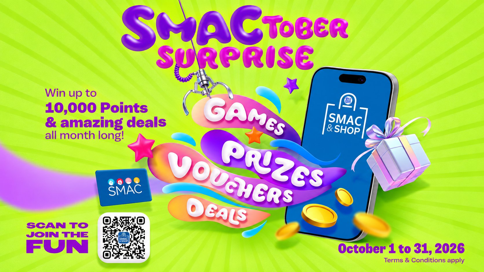SMACtober Surprise runs until 31 October, offering SM Advantage Card members a chance to win up to 10,000 SMAC Points, claim shopping vouchers, unlock discounts of up to 60% and earn rewards through the SMAC&SHOP app.