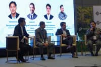 FUTURE Energy Storage & System Integration Alliance country manager Benjemar Flores moderates the panel discussion ‘Energy Storage as the Enabler of Renewable Growth,’ with panelists (from left) Energy Development Corporation vice president Miguel Lorenzo de Vera, Philippine Solar and Storage Energy Alliance Board of Trustees member and head of Grid Committee Jeffrey Calderon, and SunAsia vice president for Strategic Projects Karlo Abril on Day 2 of the 4th Philippine Renewable Energy Conference & Exhibition 2026.