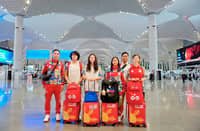 SWIMMERS Jamesray Michael Ajido and Riannah Chantelle Coleman and wushu athlete Angel Polo (second to fourth from left) and coaches Jensen Halili, Ramil Ilustre and Li Jianfang arrive at the Istanbul Airport on their way to Dakar, Senegal for the 4th Youth Olympic Games.
