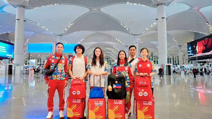 SWIMMERS Jamesray Michael Ajido and Riannah Chantelle Coleman and wushu athlete Angel Polo (second to fourth from left) and coaches Jensen Halili, Ramil Ilustre and Li Jianfang arrive at the Istanbul Airport on their way to Dakar, Senegal for the 4th Youth Olympic Games.