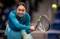 Philippines' Alexandra Eala hits a return against Australia's Talia Gibson during the WTA Pan Pacific Open tennis tournament at Ariake Coliseum in Tokyo on October 28, 2026.