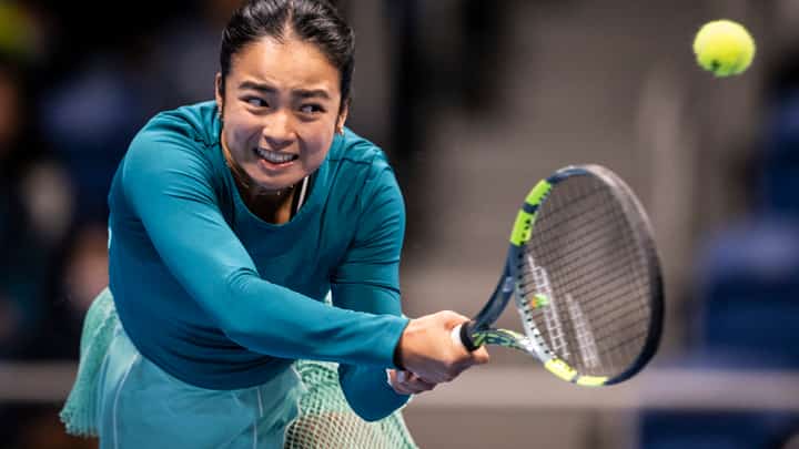 Philippines' Alexandra Eala hits a return against Australia's Talia Gibson during the WTA Pan Pacific Open tennis tournament at Ariake Coliseum in Tokyo on October 28, 2026.