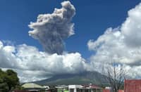 FIERY sky show Mayon Volcano spews a towering column of dark ash as seen from Legazpi City, Albay, yesterday. One of the country’s most active volcanoes unleashed a moderately explosive eruption lasting nearly six minutes, sending ash thousands of meters into the sky.