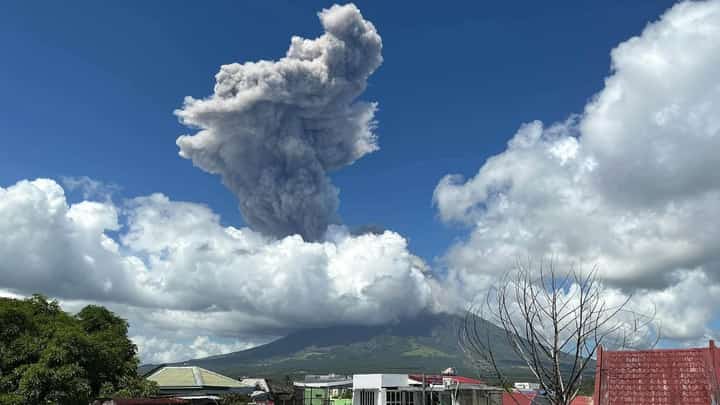 FIERY sky show Mayon Volcano spews a towering column of dark ash as seen from Legazpi City, Albay, yesterday. One of the country’s most active volcanoes unleashed a moderately explosive eruption lasting nearly six minutes, sending ash thousands of meters into the sky.