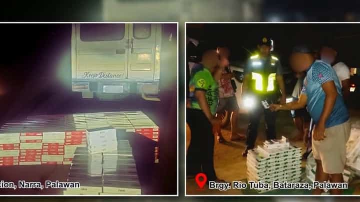ILLEGAL CIGARETTE SEIZURES. Police document boxes of suspected illegally traded cigarettes during separate operations in Barangay Poblacion, Narra (left), and Barangay Rio Tuba, Bataraza (right), Palawan, on 30 and 31 October 2026. The Palawan Police Provincial Office reported recovering 1,710 reams valued at approximately ₱1.615 million.