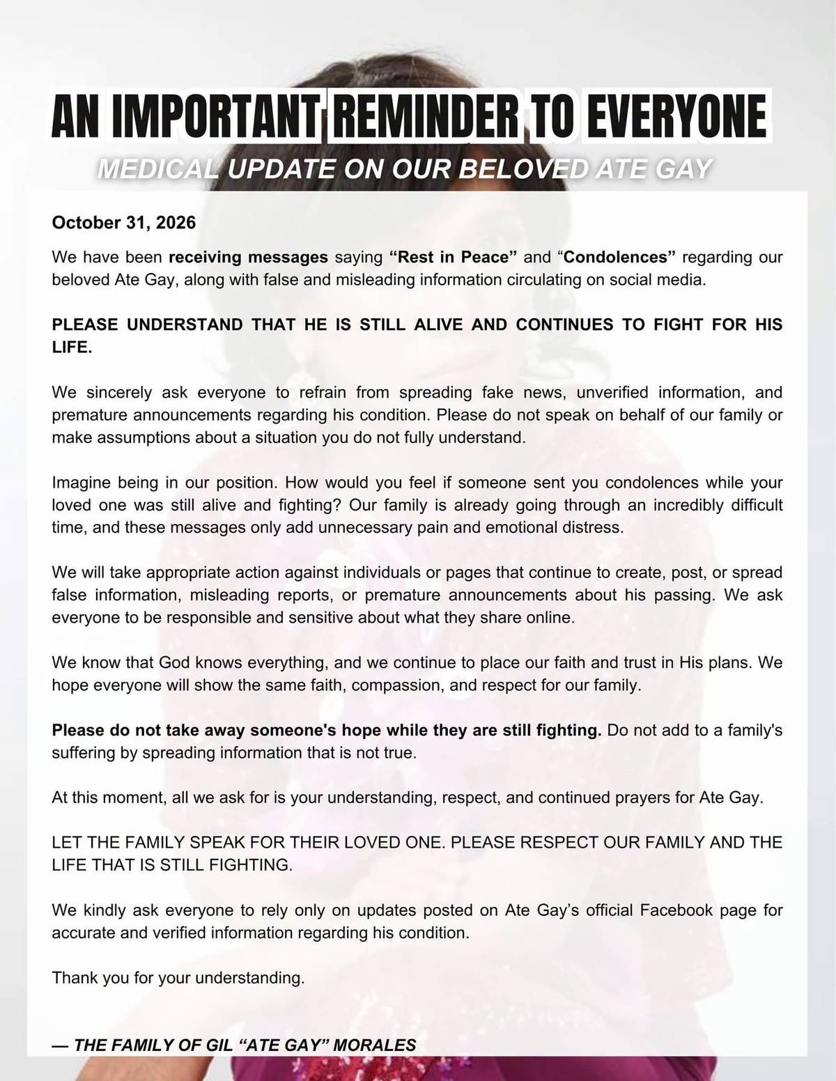 Ate Gays family latest official statement