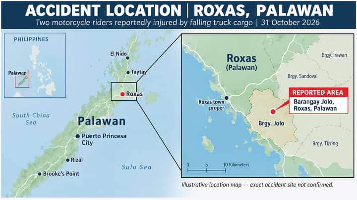 ACCIDENT LOCATION. An illustrative map shows Barangay Jolo in Roxas, Palawan, where two motorcycle riders were reportedly injured after metal cargo fell from a passing truck on 31 October 2026.