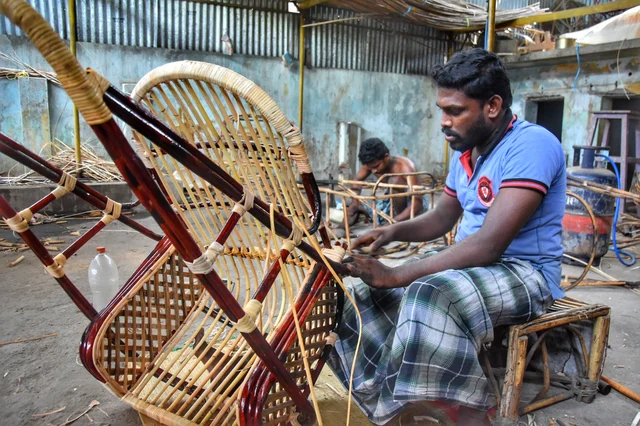 பிரம்பை நாராக்கி அதை கொண்டு ஊஞ்சல் பின்னுகிறார்கள்