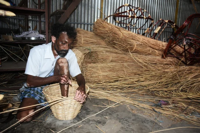 பிரம்பு நாரை கொண்டு கூடை பின்னுகிறார்கள்