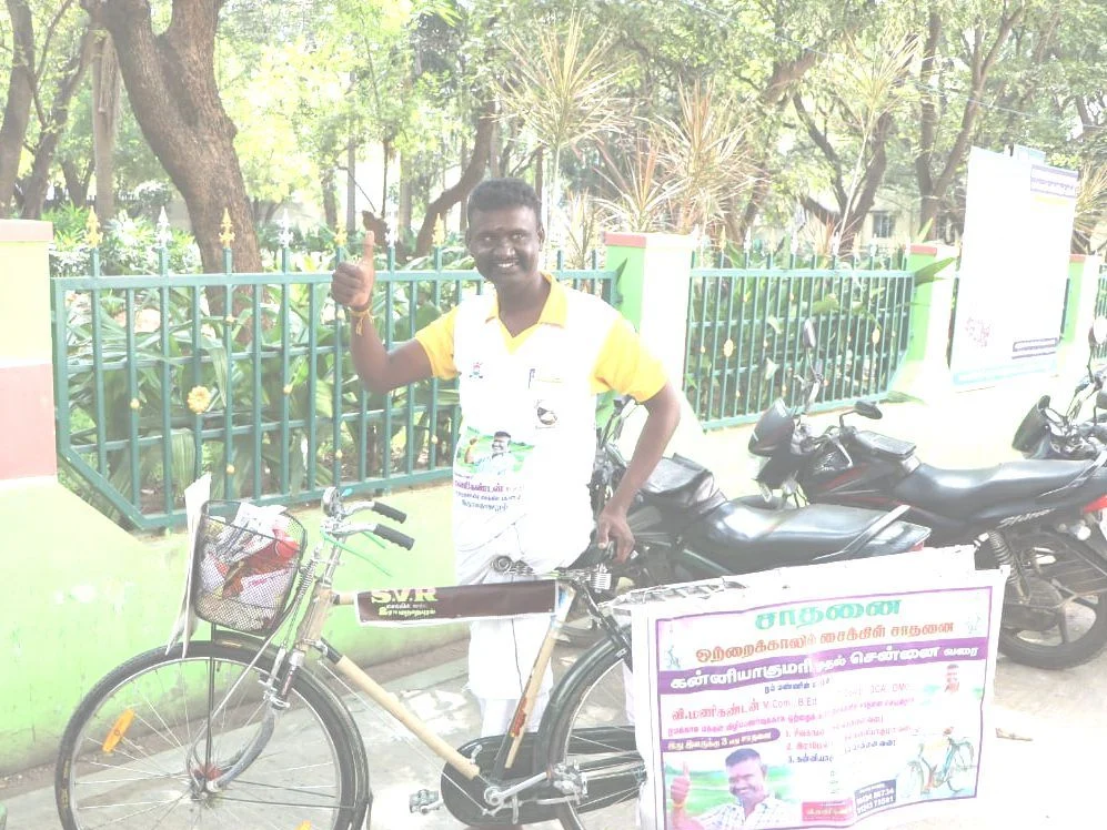 `குமரி டு மெரினா; ஒற்றைக் காலில் சைக்கிள் ஓட்டி விழிப்புணர்வு!’ -அசத்தும் மாற்றுத்திறனாளி இளைஞர்