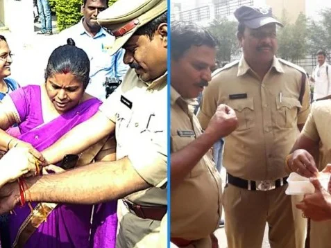 போலீஸாருக்கு ராக்கி, இனிப்பு, பூ மழை..! - தெலங்கானா மக்கள் மகிழ்வு